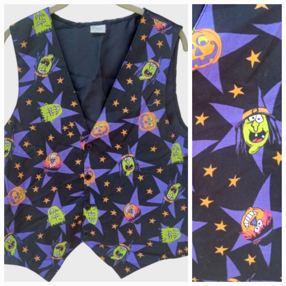 4/$10 Halloween Vest Cartoon Monsters Mens Large Unisex Festive Black Green
